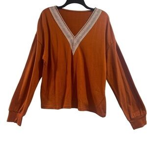 Orange Rust V-Neck Crochet Long Sleeve Shirt Women’s Sweater Fall Top Large